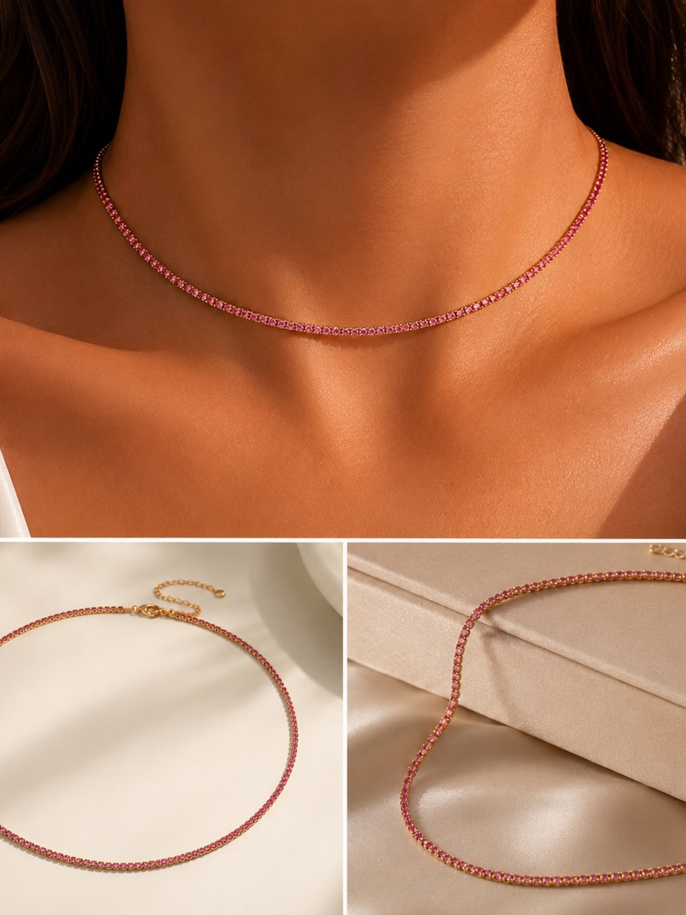 Pink Tennis Choker Necklace Gold Tone Minimalist Elegant Jewelry